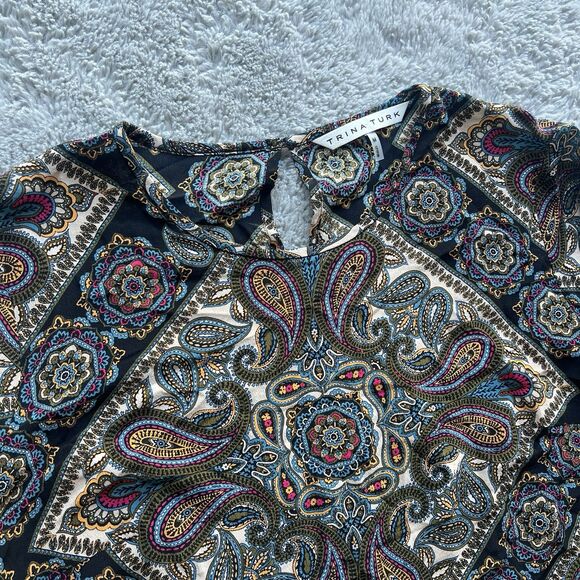Trina Turk Women’s 100% Silk Paisley Blouse Medium Boho Long Sleeve Multicolor - Picture 2 of 7